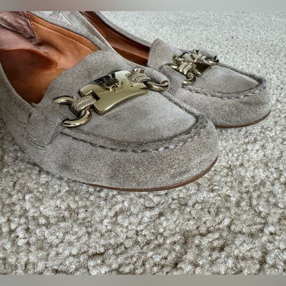 Kate Spade Carson Dark Beige/Gray Suede Loafers Gold Buckle Size 6 - Picture 5 of 14